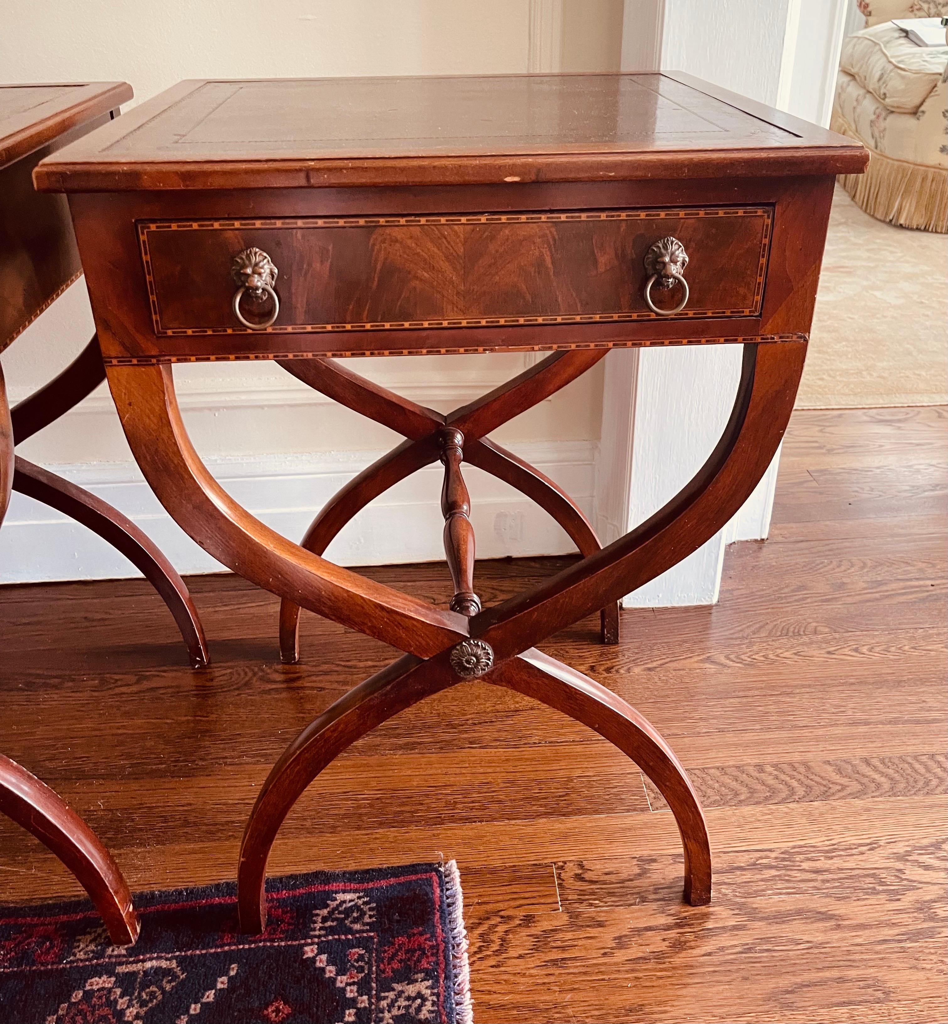 American Par of Antique Mahogany X-Base Leather Top End Table Nightstands