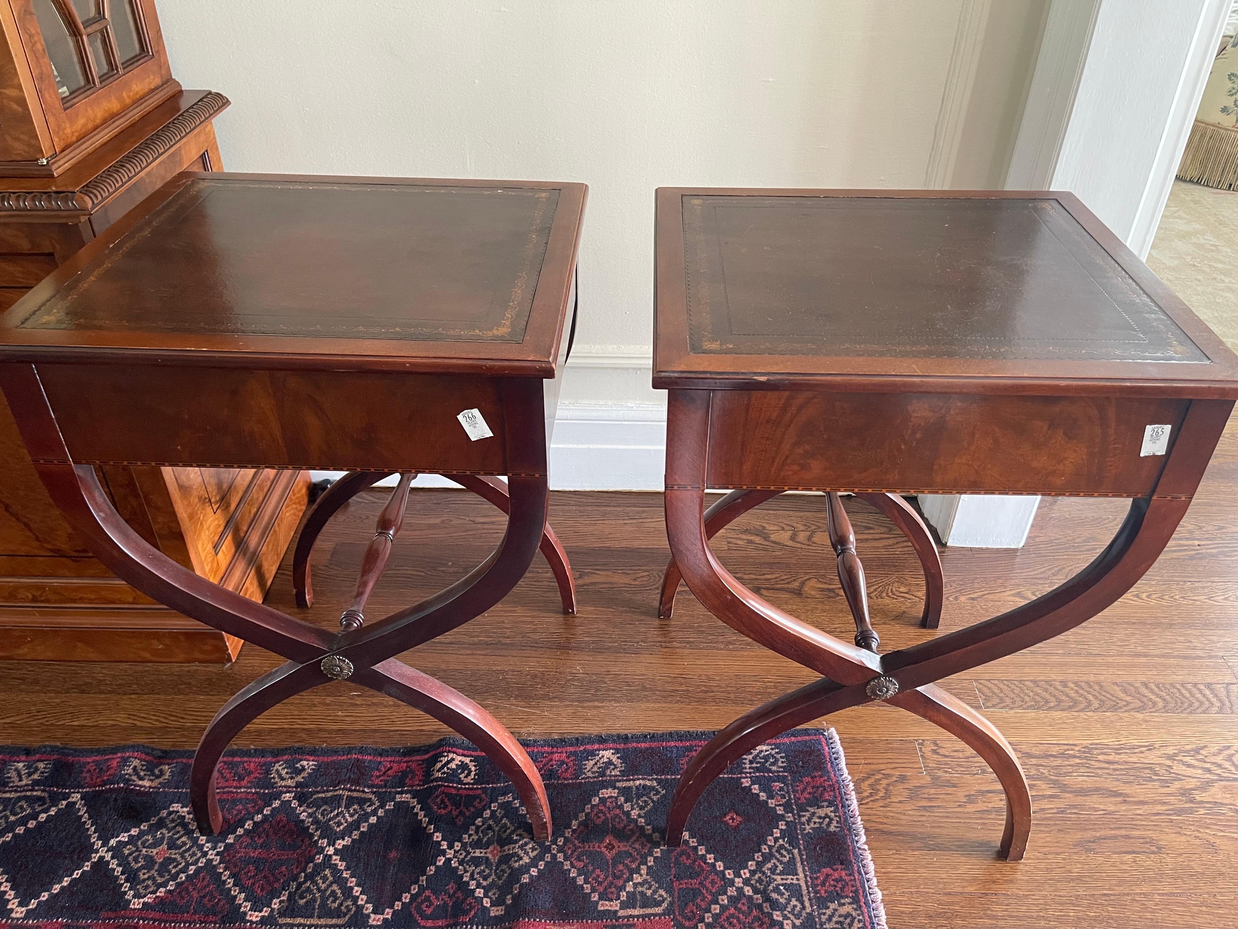 Par of Antique Mahogany X-Base Leather Top End Table Nightstands 1