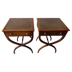 Par of Antique Mahogany X-Base Leather Top End Table Nightstands