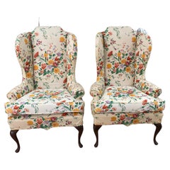Par of English Queen Anne Style Wing Armchairs