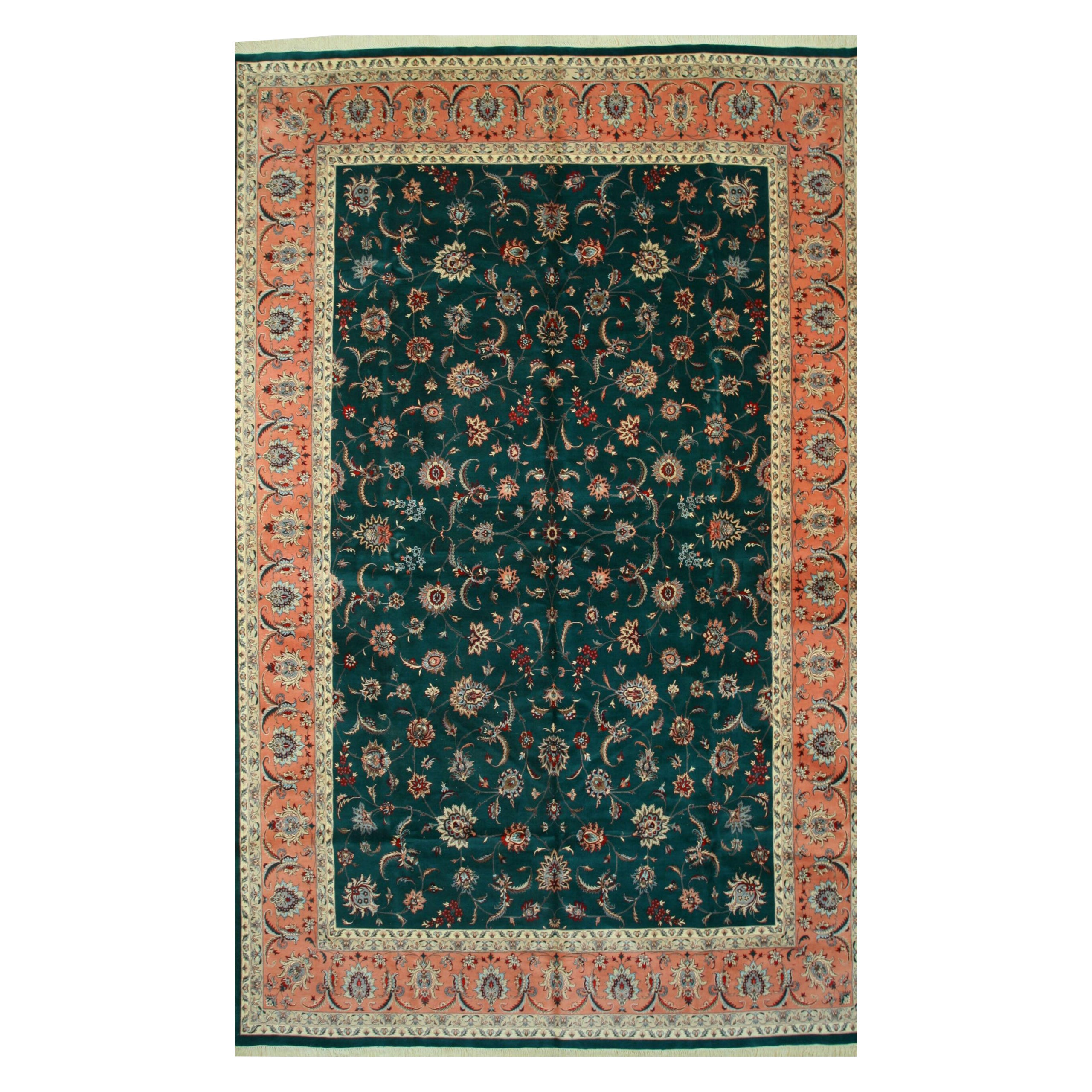Large Modern Fine Persian Floral Design Green Hand-Knotted Wool Area Rug Carpet For Sale