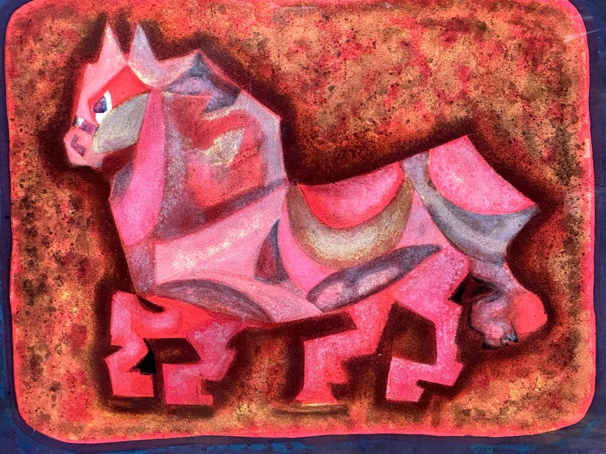 Auf diesem Pastellbild hat der unbekannte Künstler ein rosafarbenes Pferd dargestellt, das durch das Reich der Fantasie streift. Der Körper des Pferdes ist mit einem geometrischen Muster und strukturierten Blöcken verziert. Doch trotz der