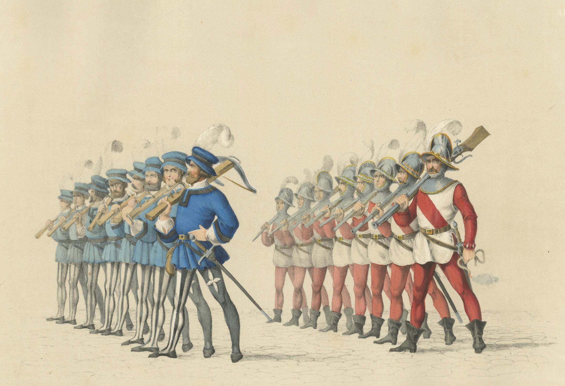1855 Parade of Honor – Freiburg Crossbowmen and Strasbourg Riflemen in Formation  

Description:  This striking hand-colored lithograph, created by H. Jenny and lithographed by Kümmerly and Wittmer, is part of the *Fest Album* commemorating Bern’s