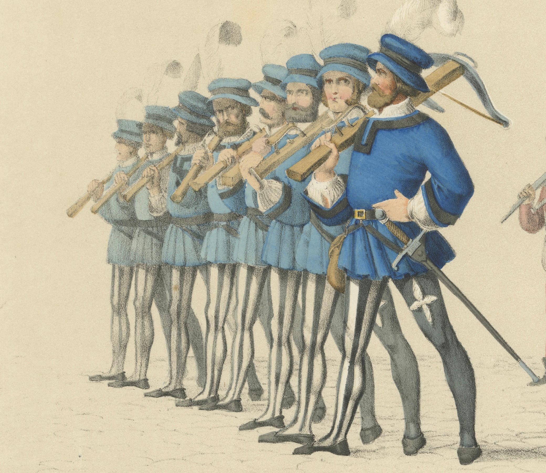Mid-19th Century Parade of Honor – Freiburg Crossbowmen & Strasbourg Riflemen in Formation, 1855 For Sale