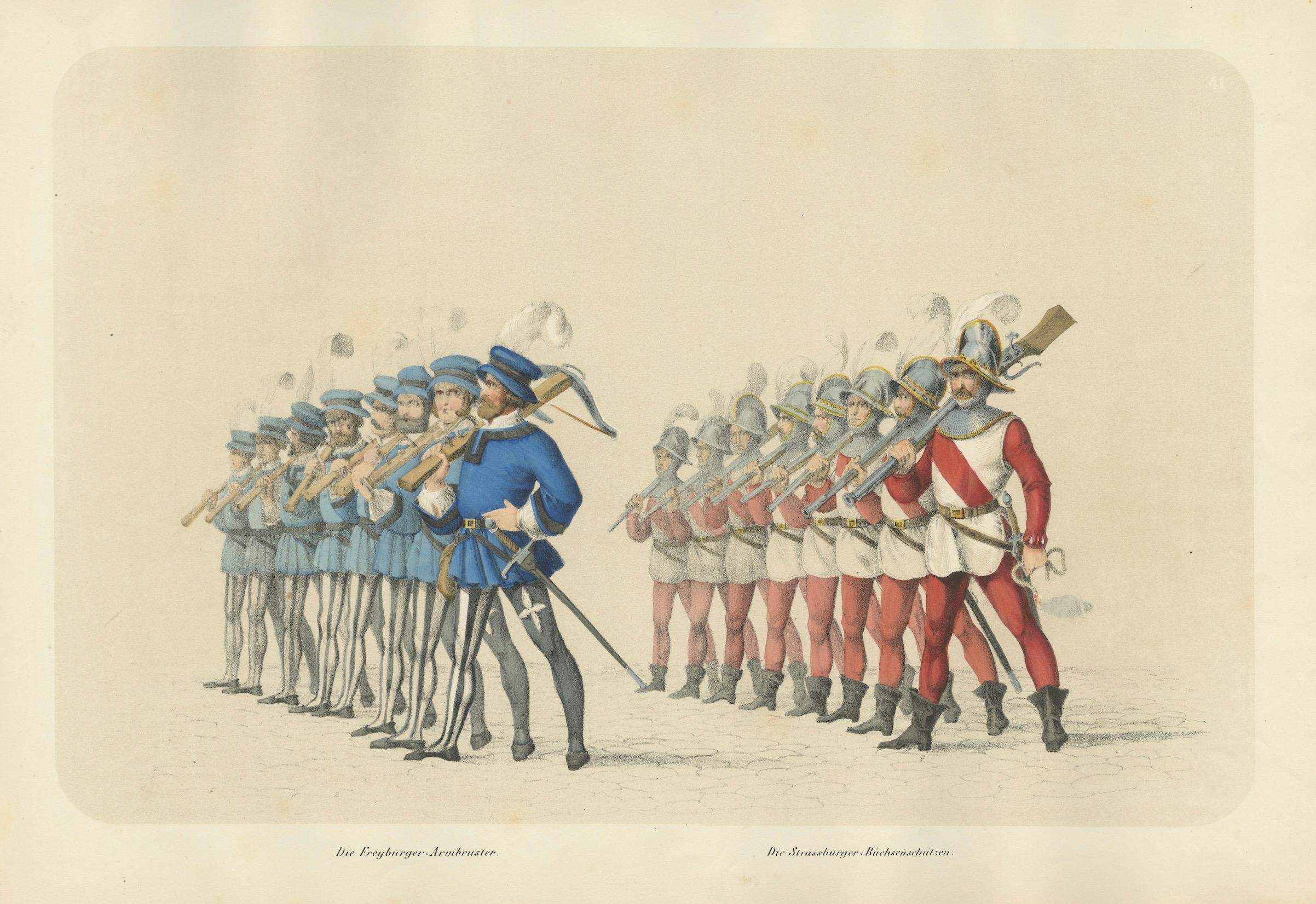 Paper Parade of Honor – Freiburg Crossbowmen & Strasbourg Riflemen in Formation, 1855 For Sale
