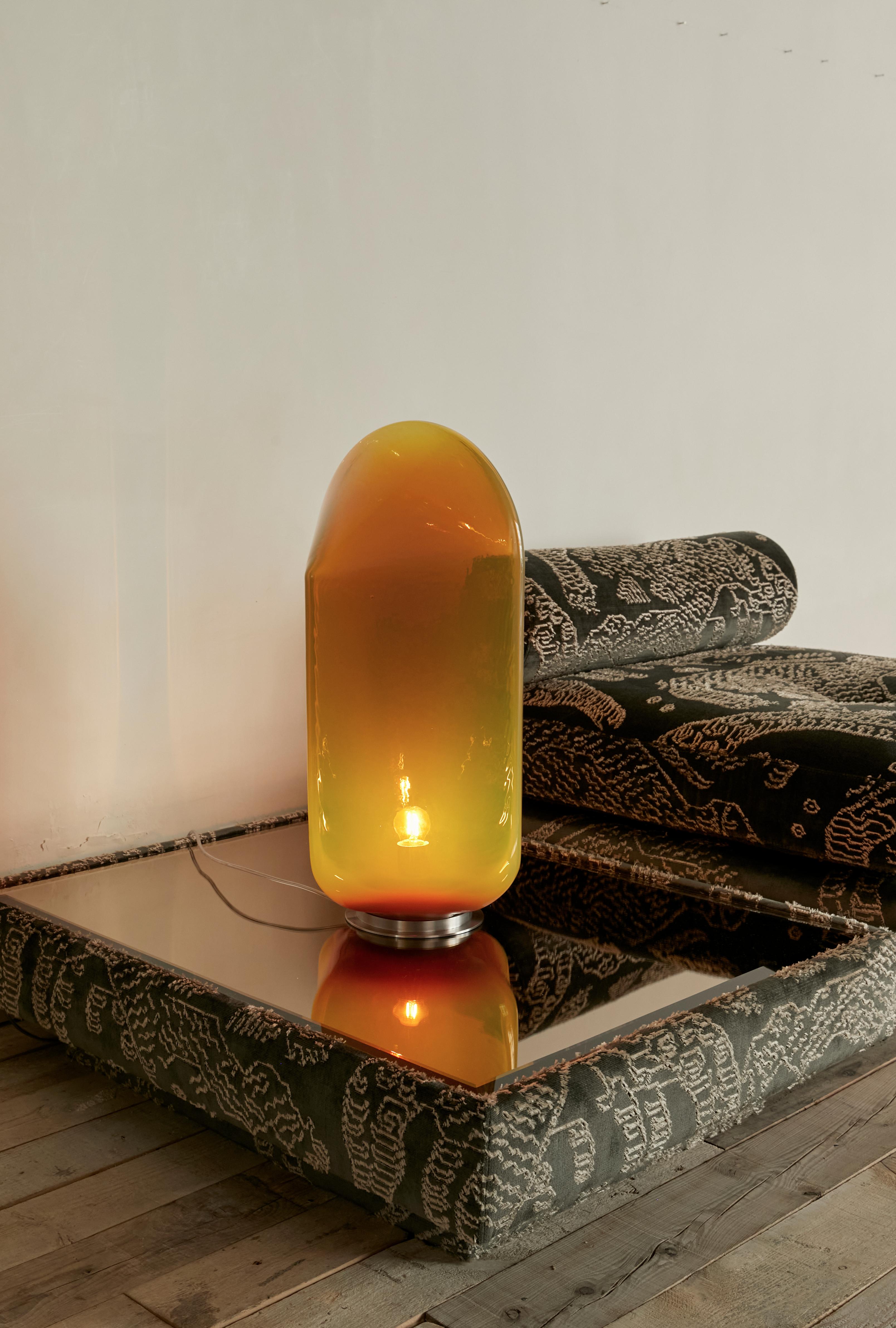 Stainless Steel ParadeEdition table lamp, contemporary danish tinted airblown glass piece For Sale