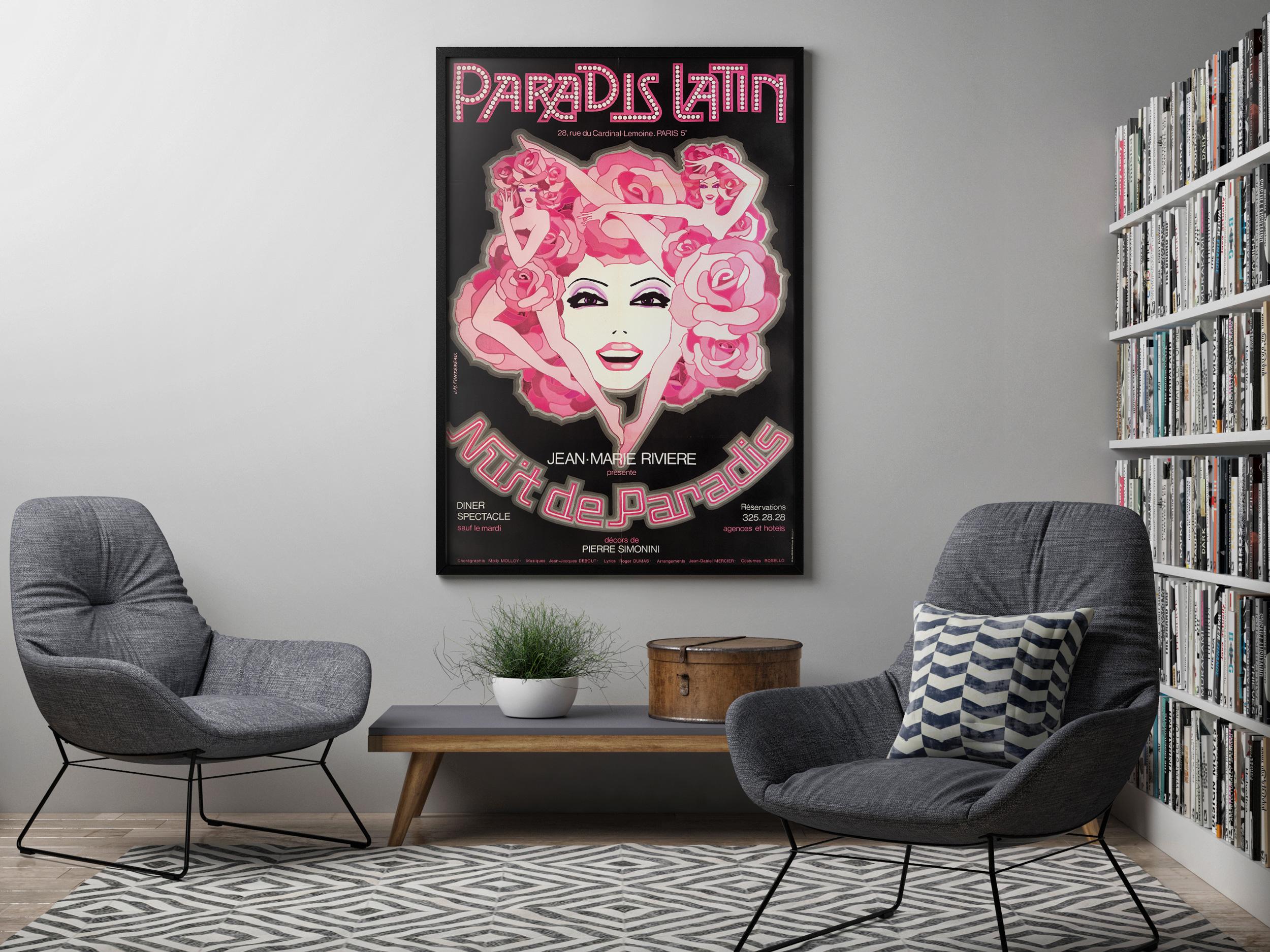 Stunning original vintage 1970s French advertising poster for Parisian Cabaret show Paradis Latin - Nuit de Paradis. We love the design by J. M. Fonteneau.

The Paradis Latin is a theater at number 28, rue du Cardinal Lemoine, in the Latin Quarter