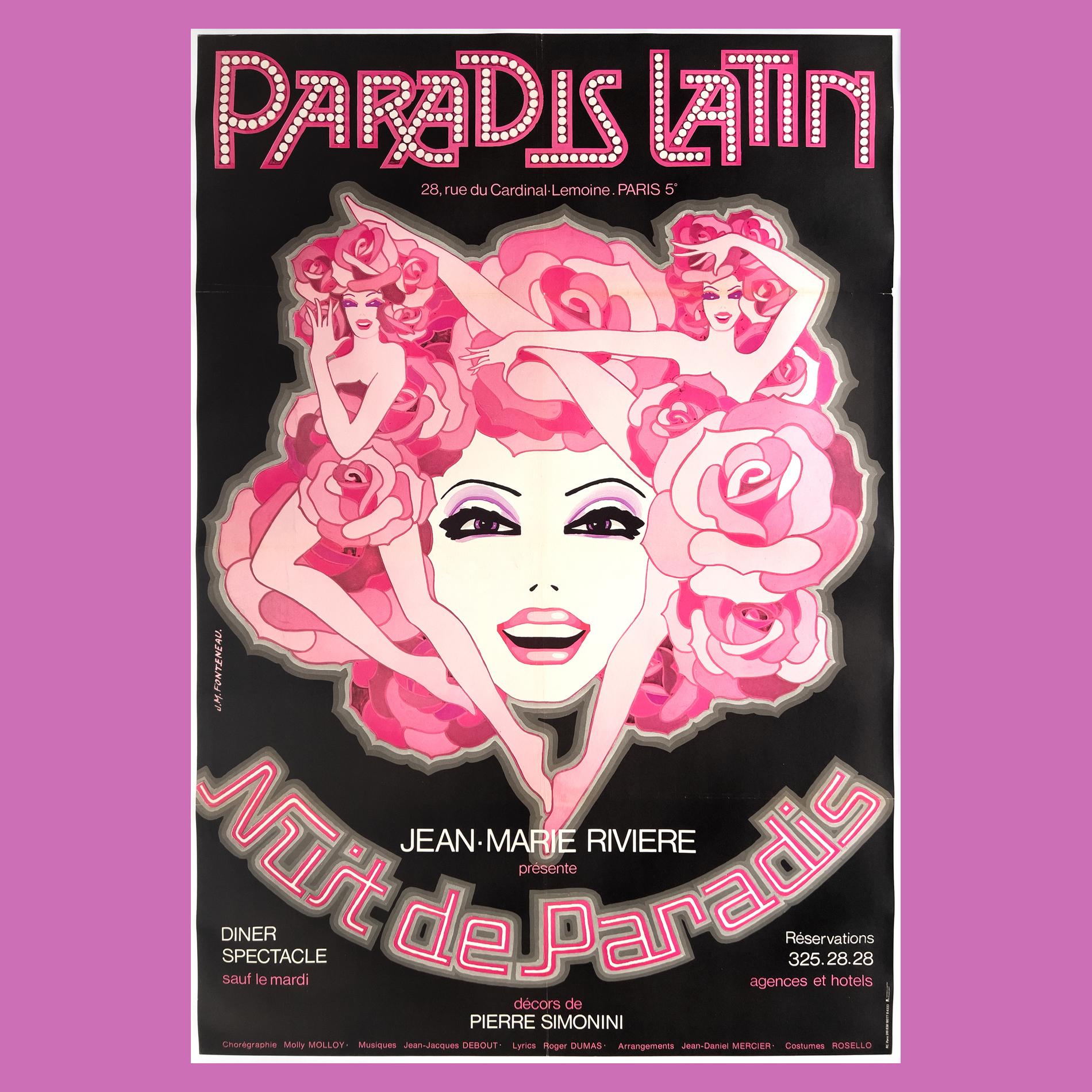 Paradis Latin Nuit De Paradis 70s French Cabaret Advertising Poster, Fonteneau For Sale 1