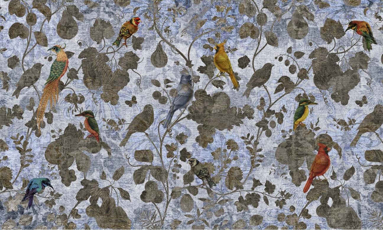 Modern Paradise Birds Indigo  Wall Paper in Fabric also suitable for wet area  For Sale