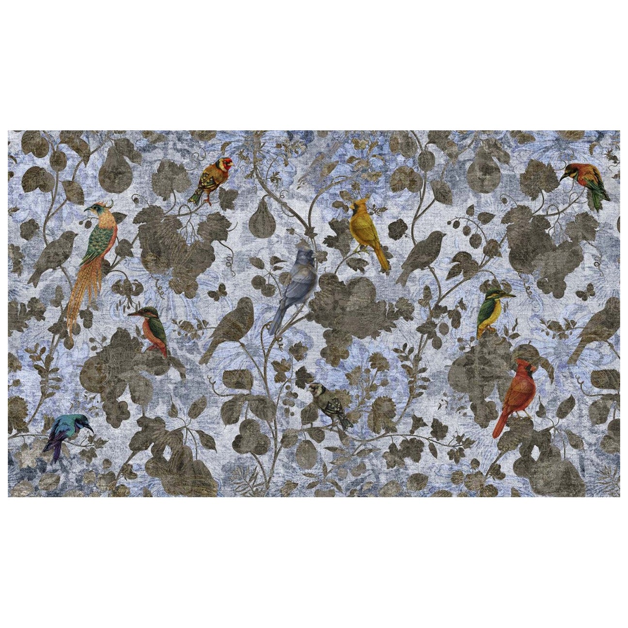 Indigofarbene Paradiesvogel  Wandpapier aus Stoff, auch für nasse Bereiche geeignet