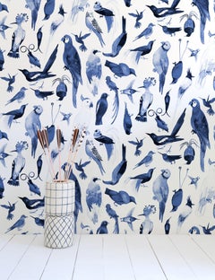 Paradise Birds Tropical Watercolor Wallpaper Blue and White, Kai