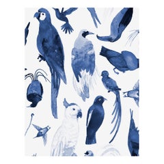 Paradise Birds Tropical Watercolor Wallpaper Blue and White, Kai