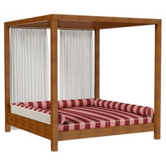 Paraggi Outdoor Double Sunbed in Iroko Wood with Striped Cushions