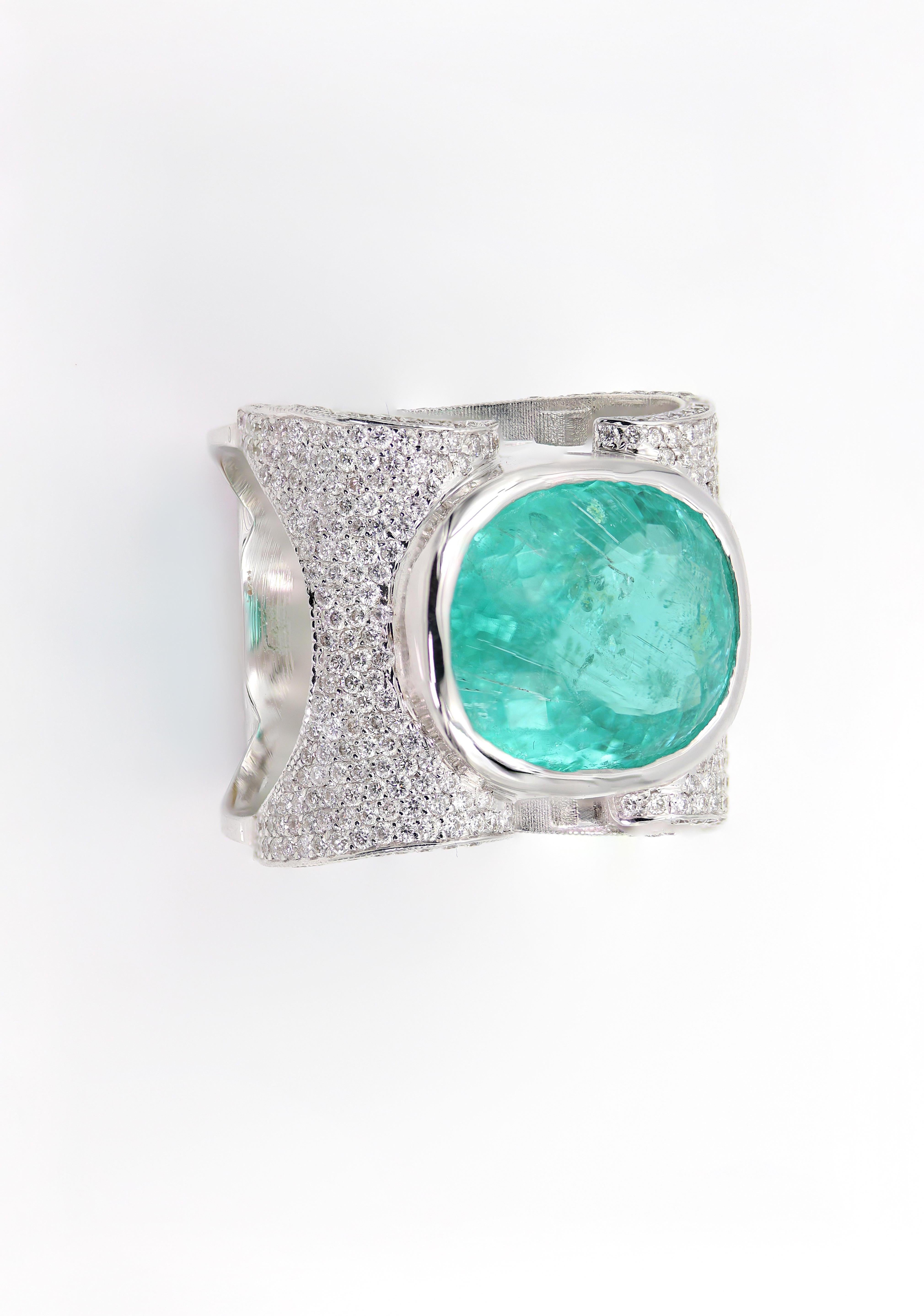 Oval Cut Paraiba 14.98 Carat 14k White Gold Cocktail Ring 