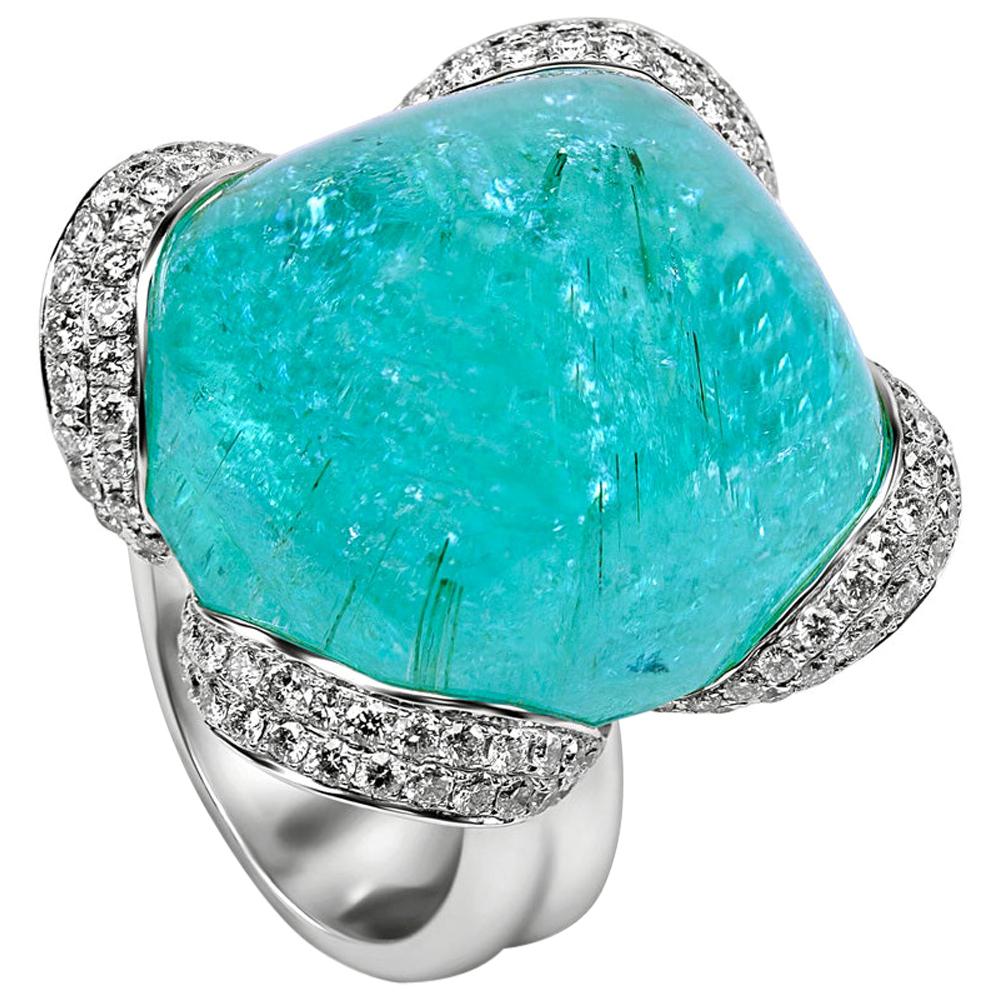 Certified 56.21 Carat Paraiba Tourmaline Cabochon 18K Gold Cocktail Ring For Sale