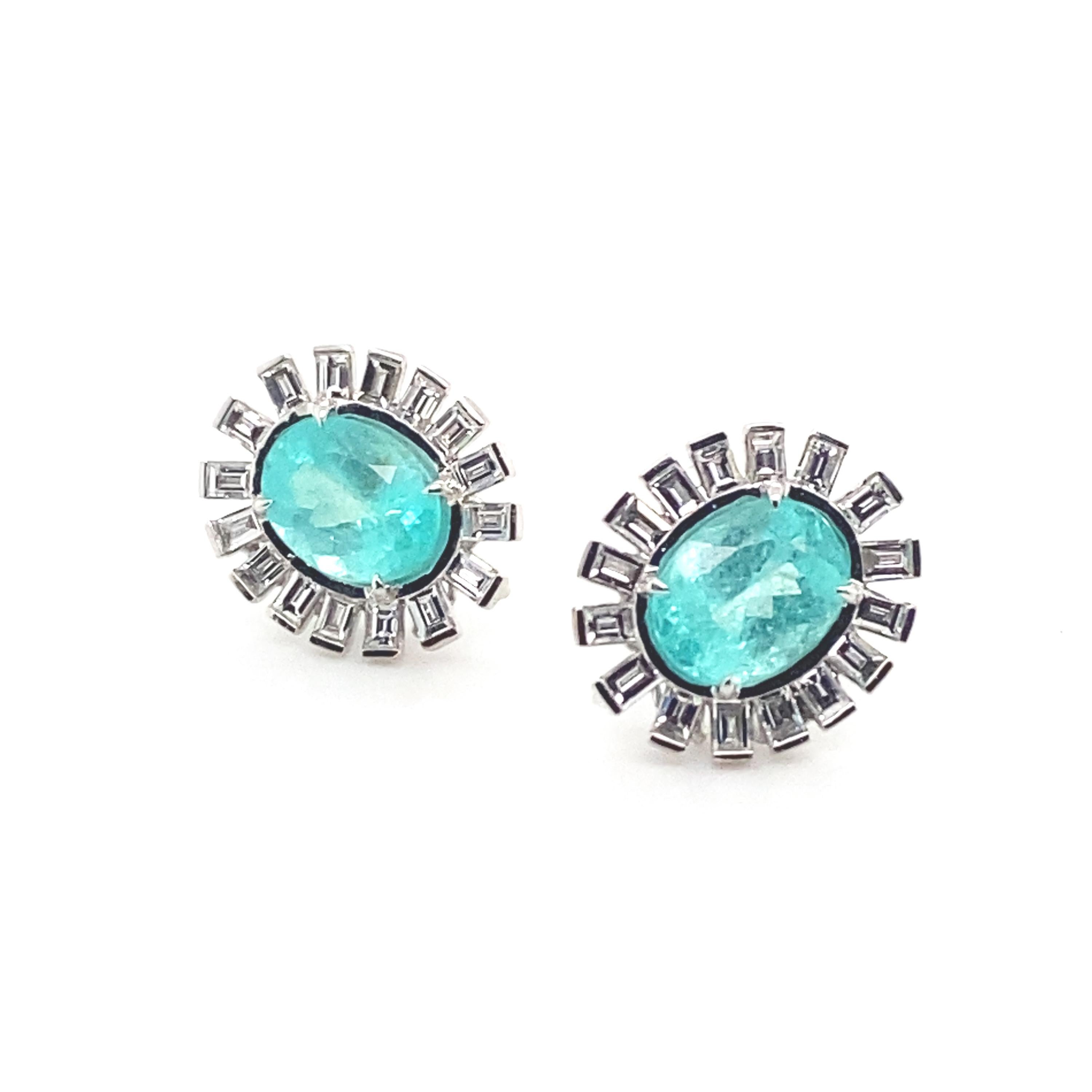 Paraiba and Diamond Earrings set in 18 karat White Gold with 7.82-carat Paraiba and 2.11-carat Rose-cut White Diamonds. This piece and the stones are very special and part of COOMI's Trinity Collection which is inspired by the harmony and unity of