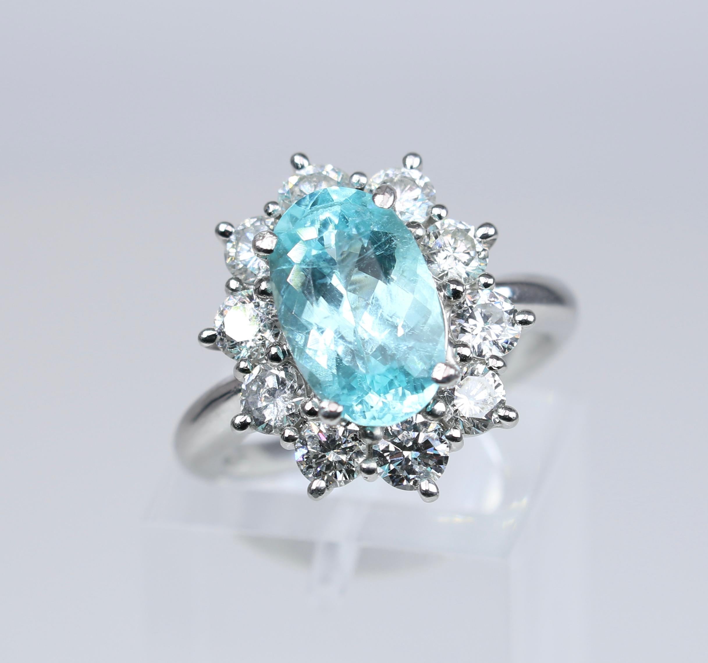 There are rings and then there are rings. . . that you don't want to take off!
Extremely rare and highly sought after, Paraiba tourmaline is for the most serious collector. This exceptionally bright and beautiful 3.07 CT oval Paraiba is set in a