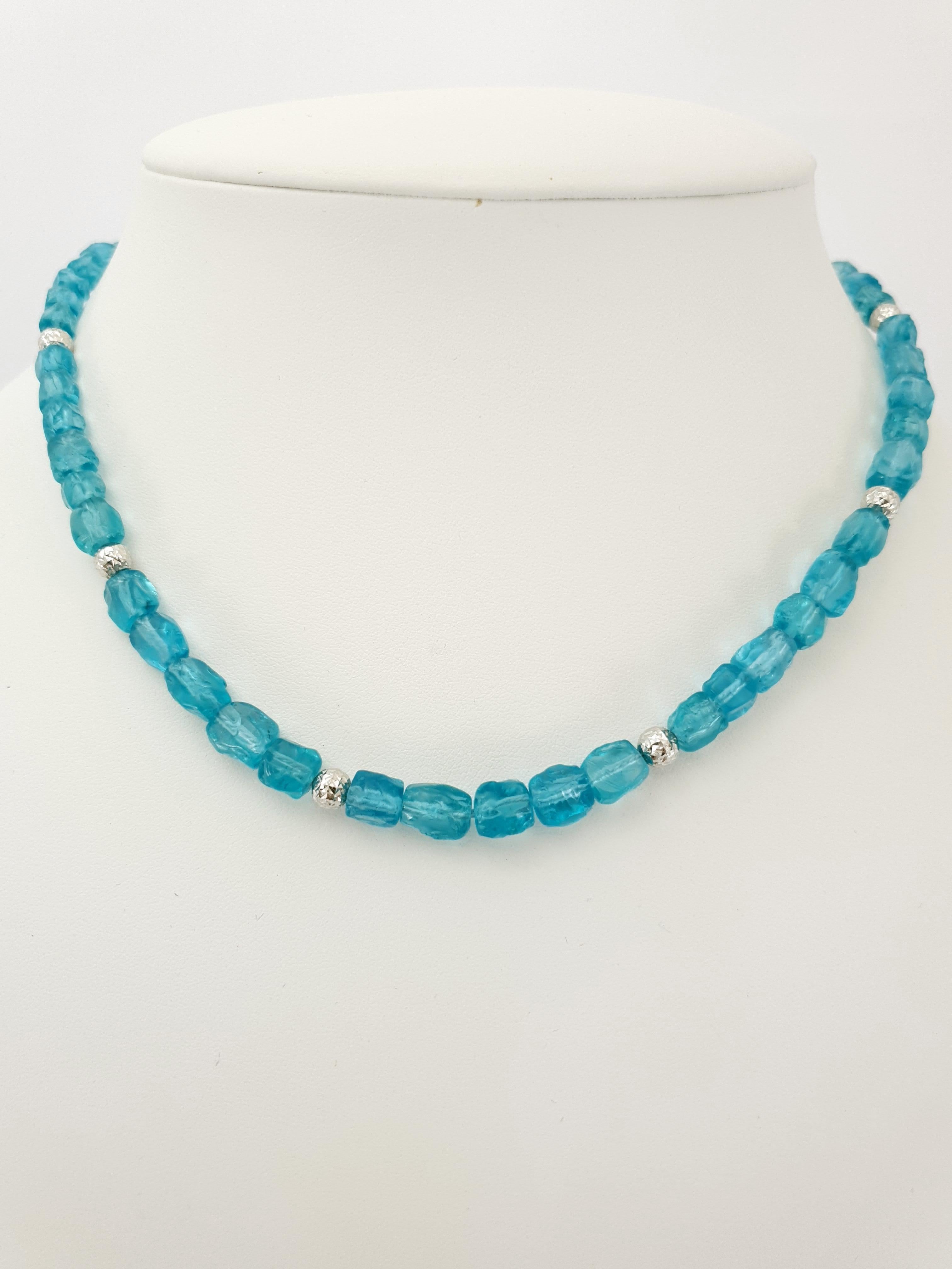 Contemporary Paraiba Blue Apatite Nugget Beaded Necklace with 18 Carat White Gold