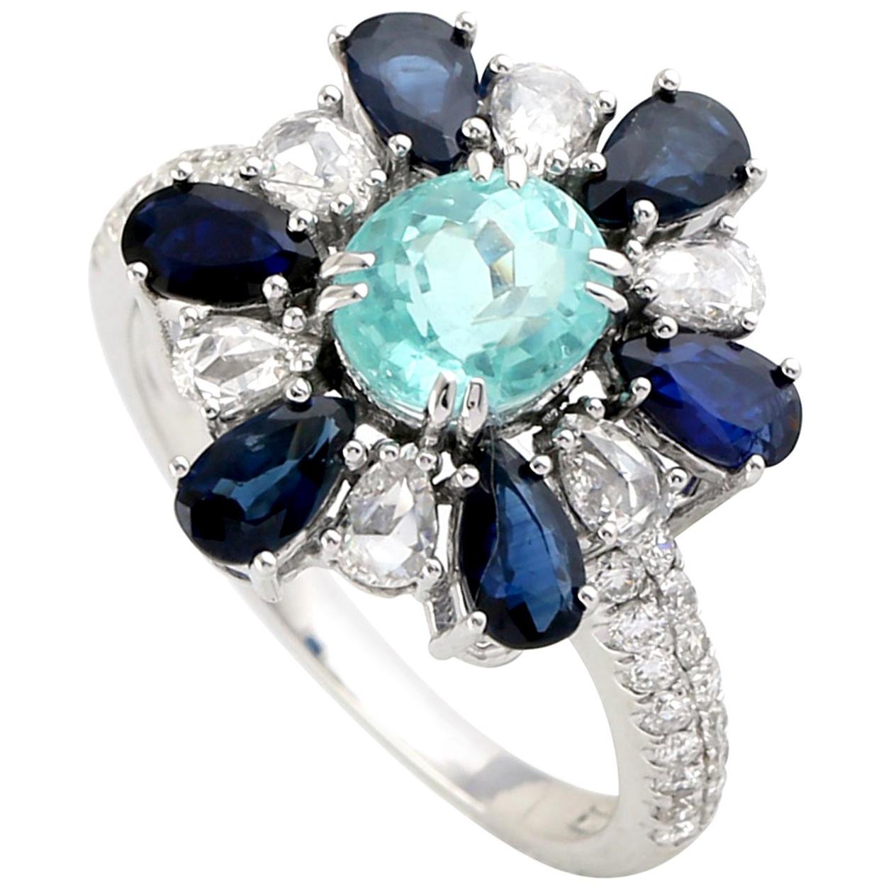 Paraiba, Blue Sapphire Diamond Ring in 18 Karat White Gold