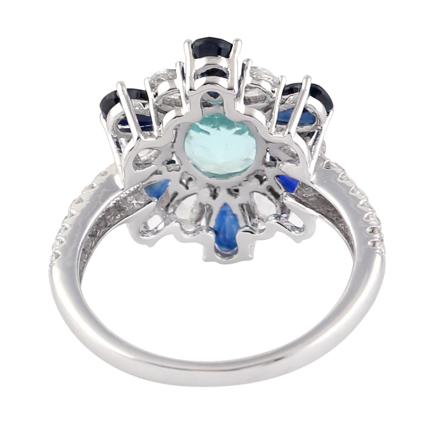 Modern Paraiba, Blue Sapphire Diamond Ring in 18 Karat White Gold