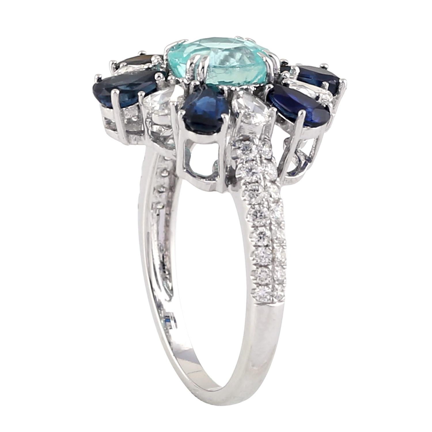 Brilliant Cut Paraiba, Blue Sapphire Diamond Ring in 18 Karat White Gold
