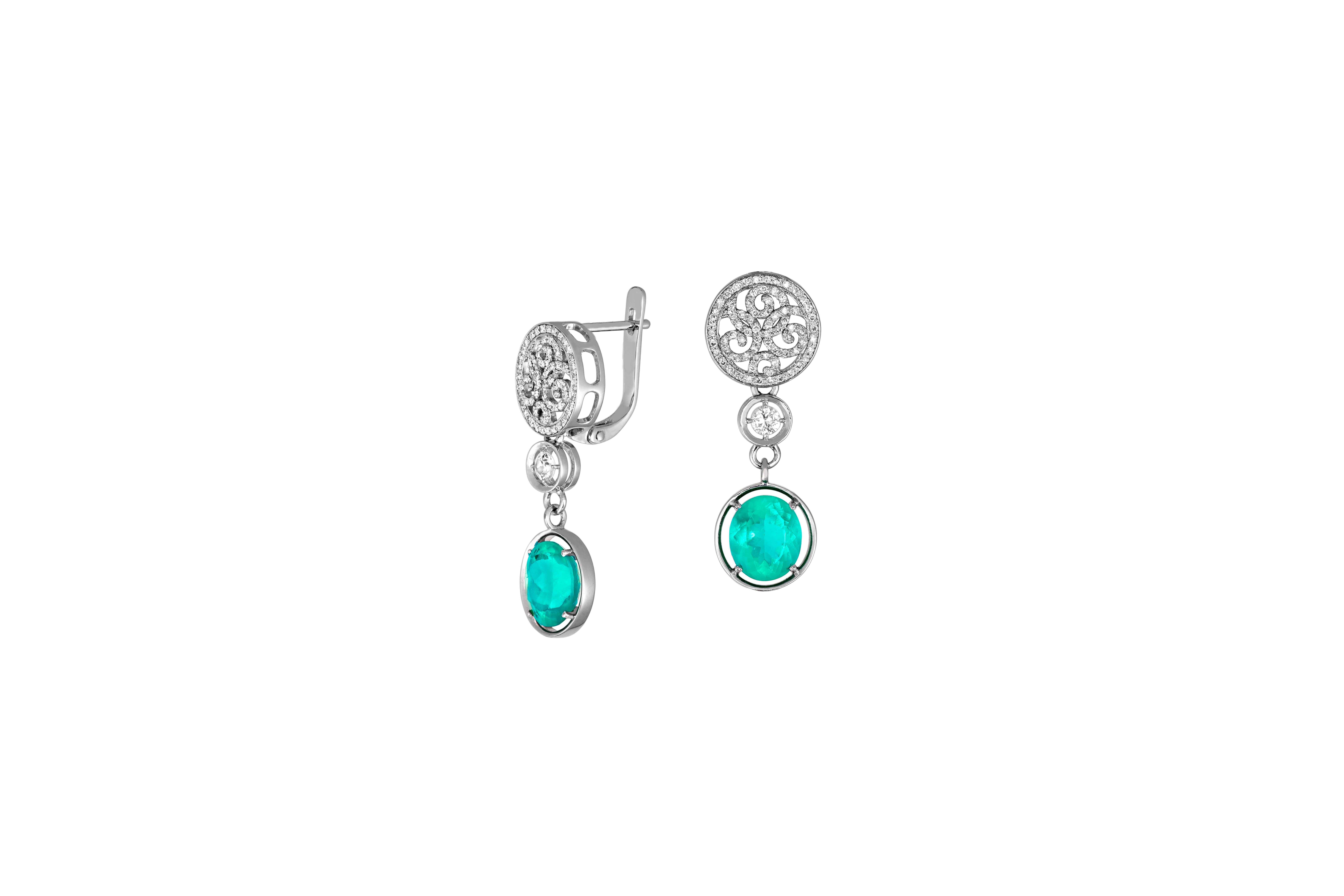 Oval Cut Paraiba color apatite and diamonds 14k gold earrings For Sale