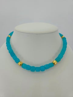 PARAIBA Color Chalcedony Nugget Beaded Necklace with 18 Carat Yellow Gold