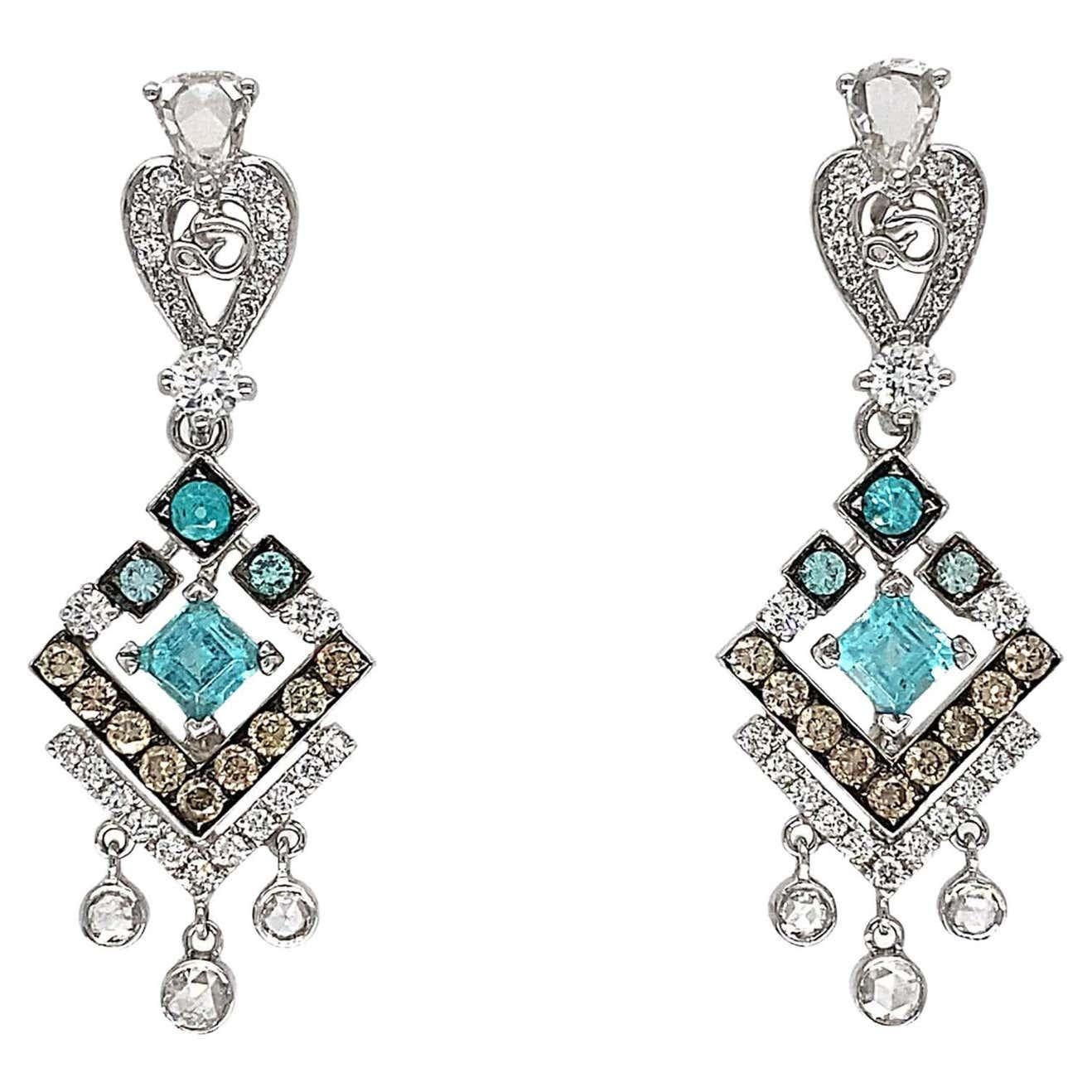 Old European Cut Paraiba & Diamonds Barocca Earrings in 18K White and Black Gold For Sale