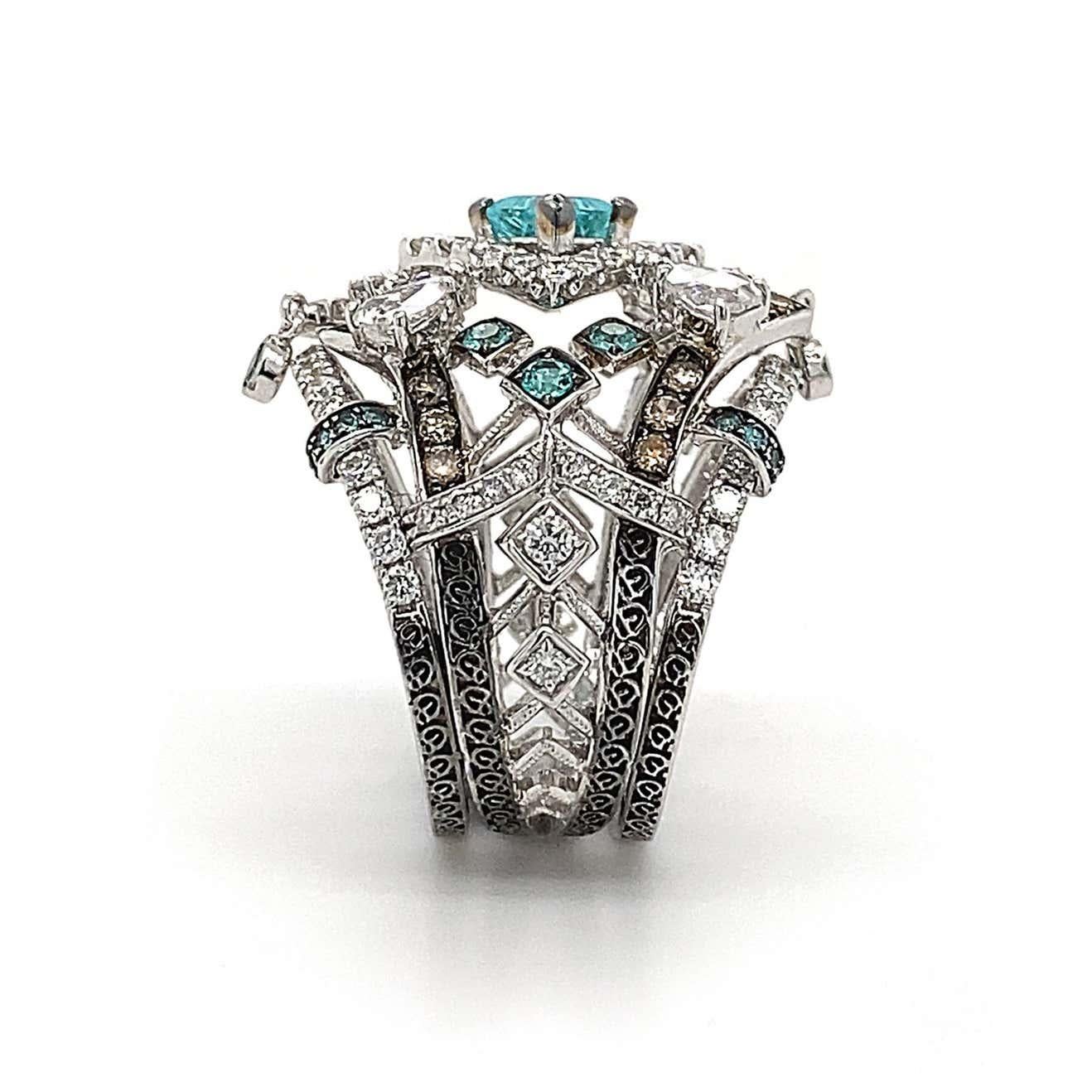 Old European Cut Paraiba & Diamonds Barocca Ring in 18K White and Black Gold For Sale