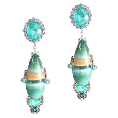 Paraiba & Rare Earth Diamond Earrings 18K Gold Adjustable