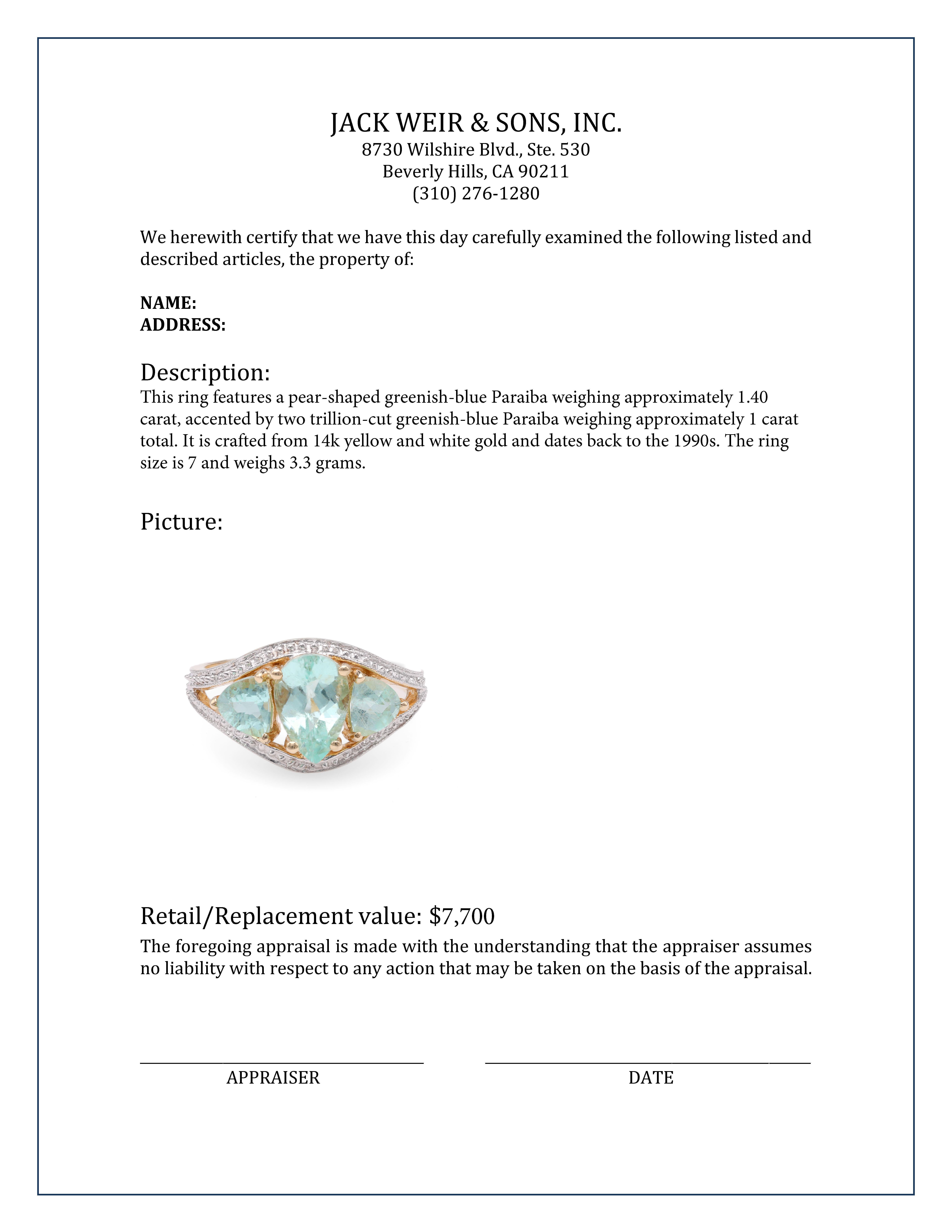 Women's or Men's Paraiba Three Stone Gold Ring For Sale