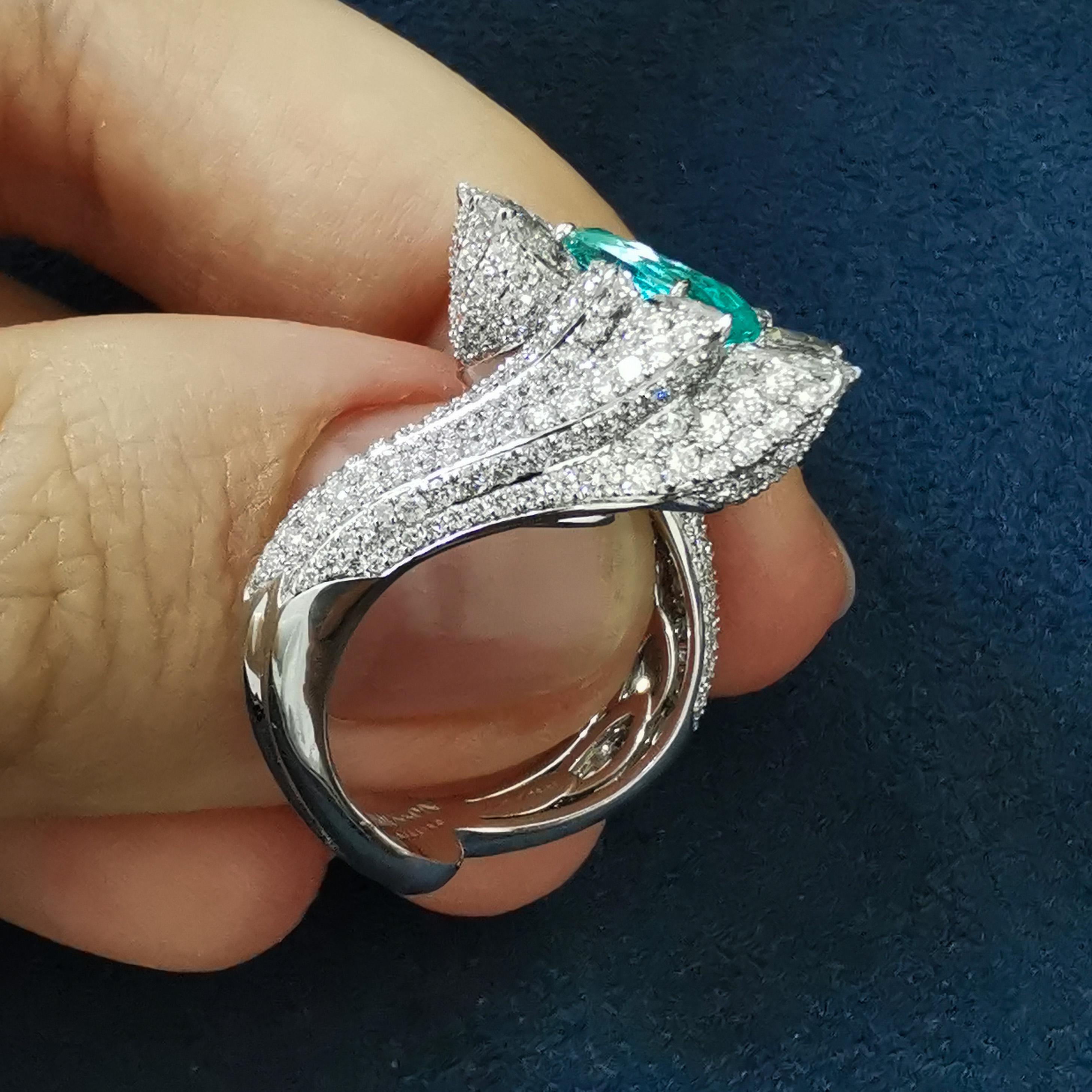 Contemporary Paraiba Tourmaline 1.76 Carat Diamond 18 Karat White Gold High Jewellry Ring For Sale