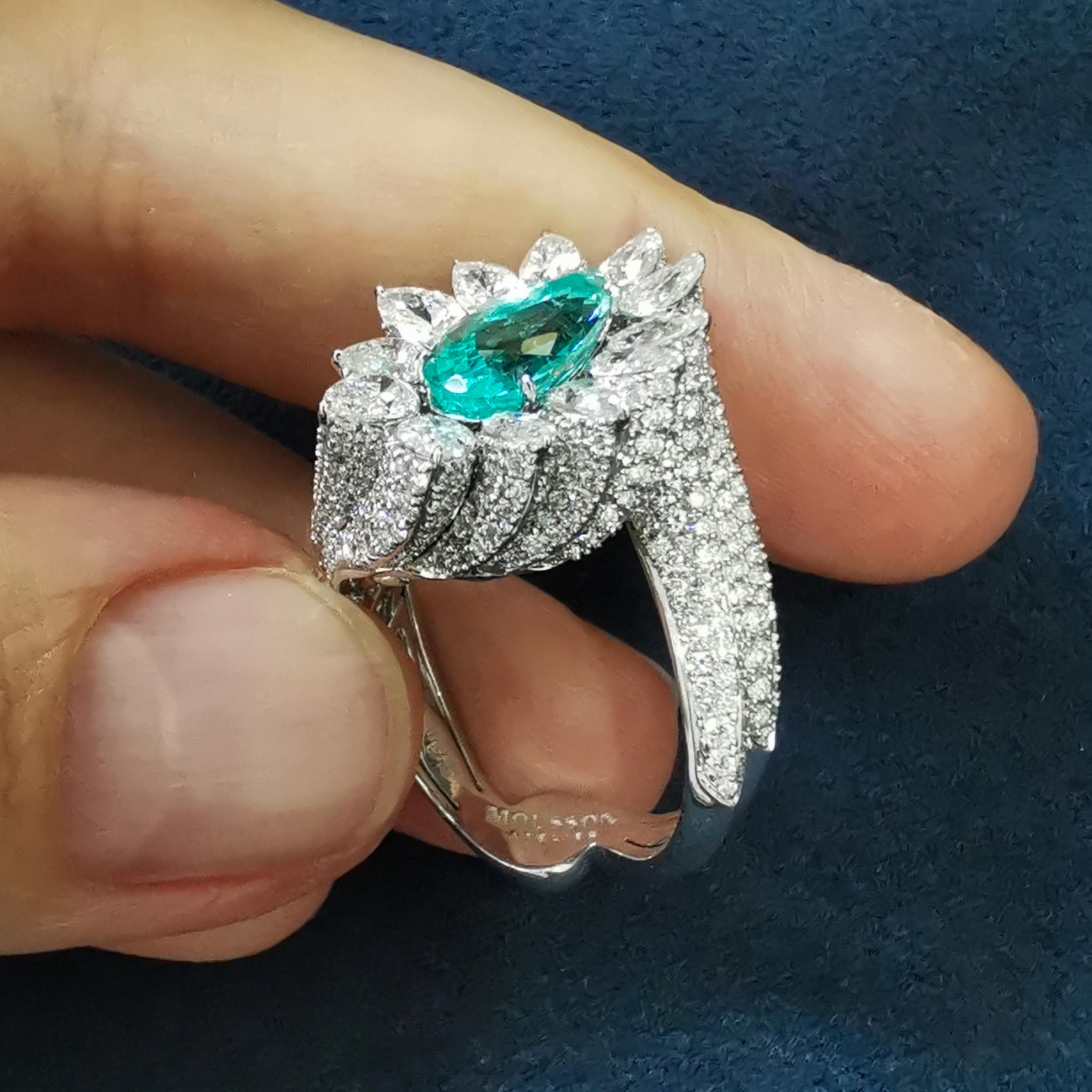 Pear Cut Paraiba Tourmaline 1.76 Carat Diamond 18 Karat White Gold High Jewellry Ring For Sale