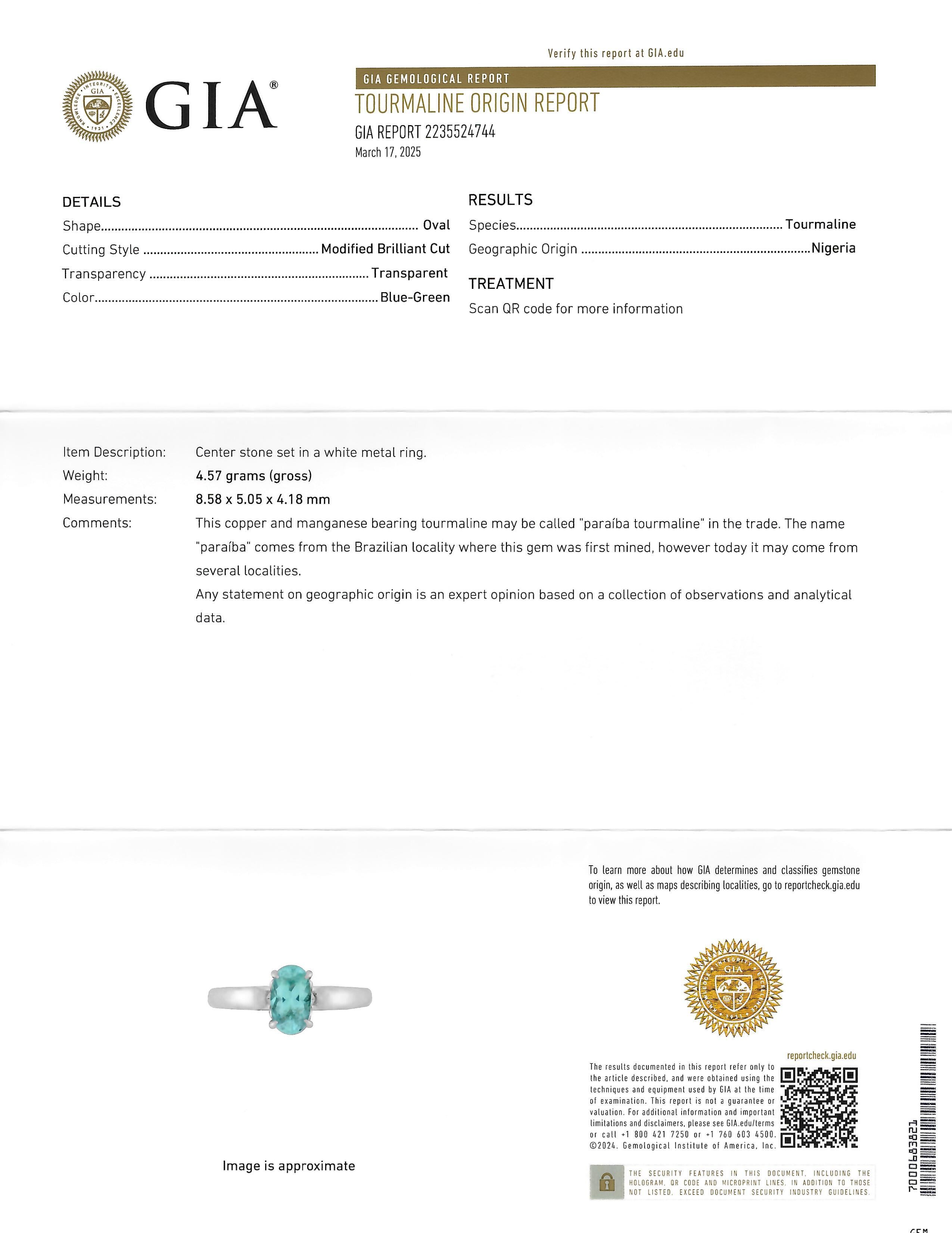 Paraiba Tourmaline 18 Karat White Gold Solitaire Gemstone Ring GIA For Sale 8