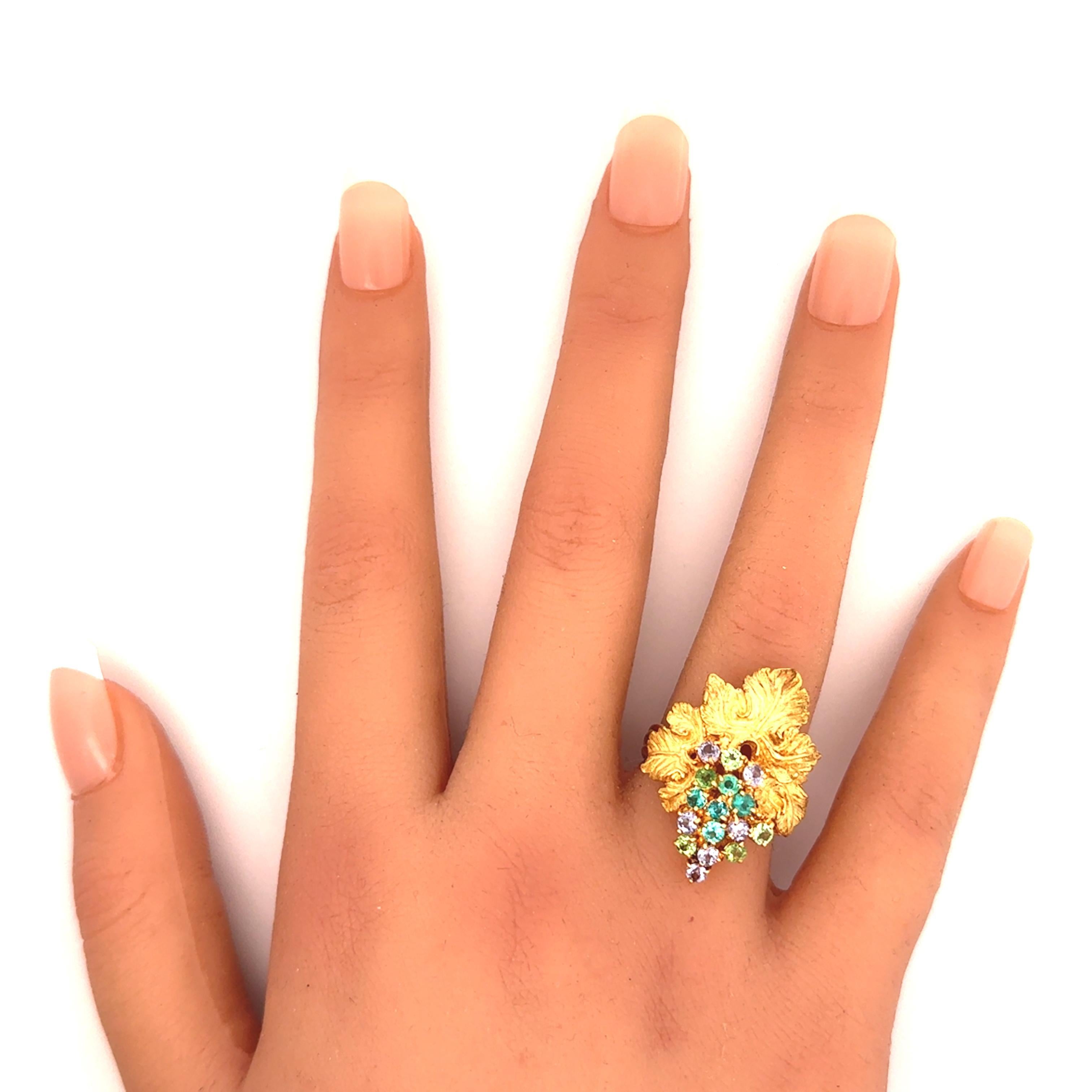 Women's Paraiba Tourmaline 18k Yellow Gold Grape-Leaf Ring For Sale
