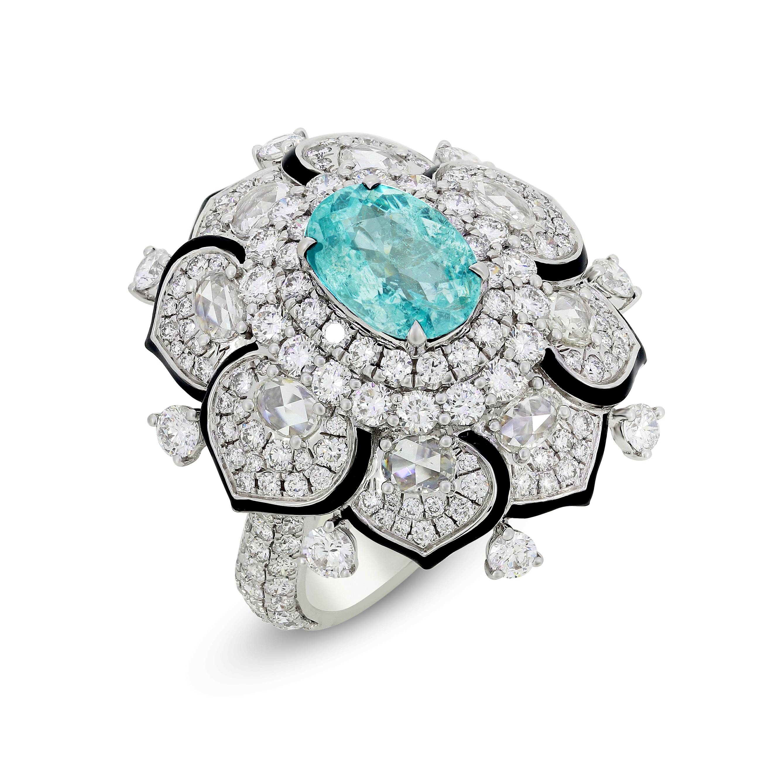Crafted in 18k white gold this Paraiba Tourmaline  double halo diamond 