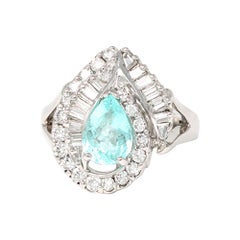 Vintage Paraiba Tourmaline and Diamond Ring Set in 14k White Gold, Circa 1990