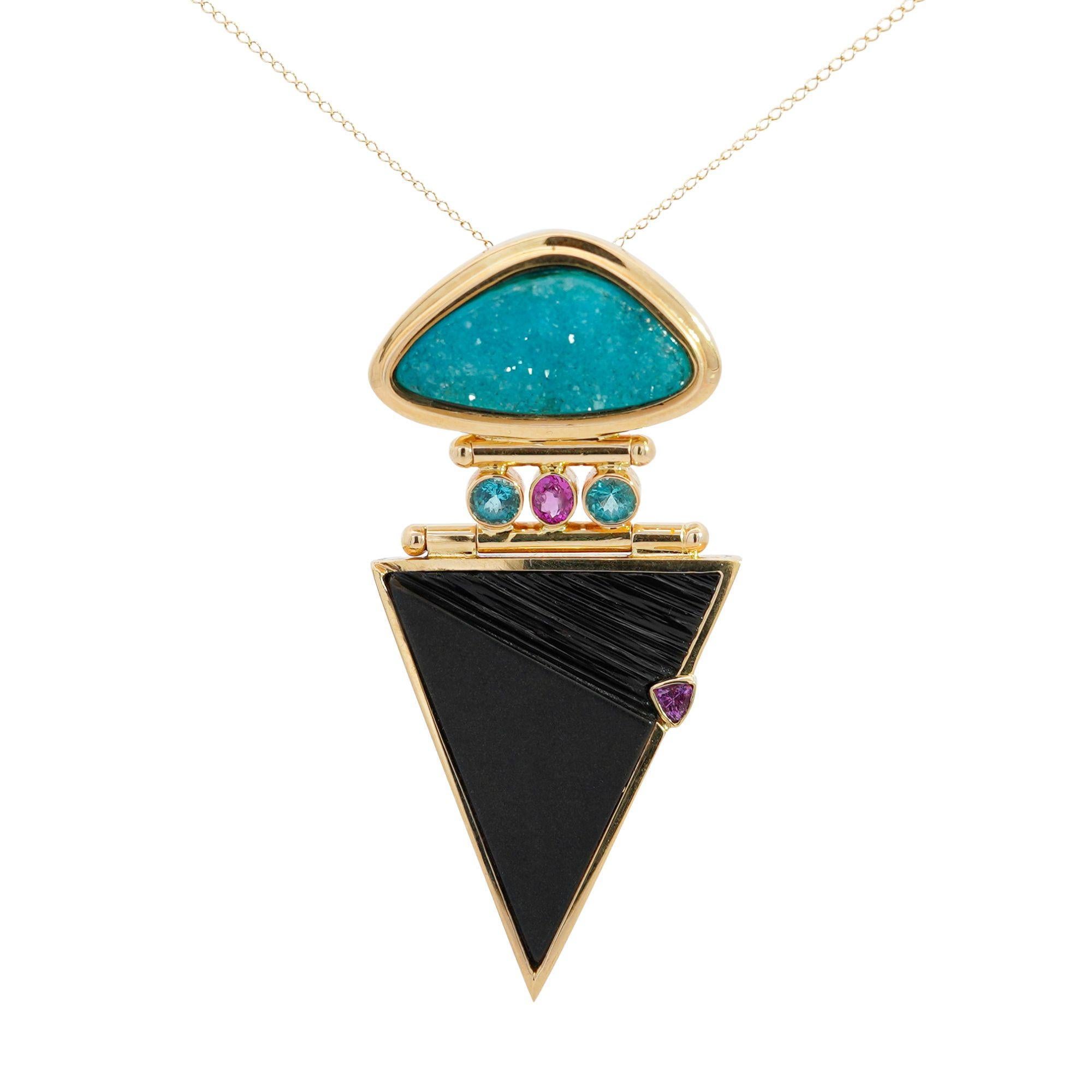 Paraiba Tourmaline and Onyx in 14K Retro Drop Pendant Necklace In New Condition For Sale In Miami, FL