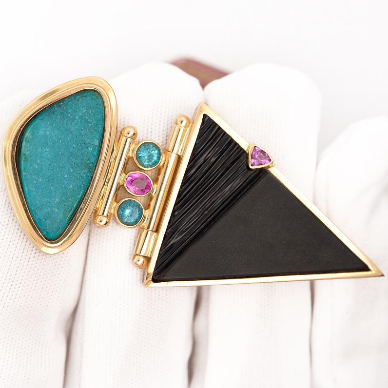 Paraiba Tourmaline and Onyx in 14K Retro Drop Pendant Necklace For Sale 1