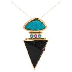 Paraiba Tourmaline and Onyx in 14K Retro Drop Pendant Necklace