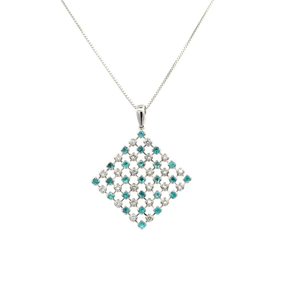 Modernist Paraiba Tourmaline and RBC Diamond Gold Lacy Vintage Pendant Necklace For Sale