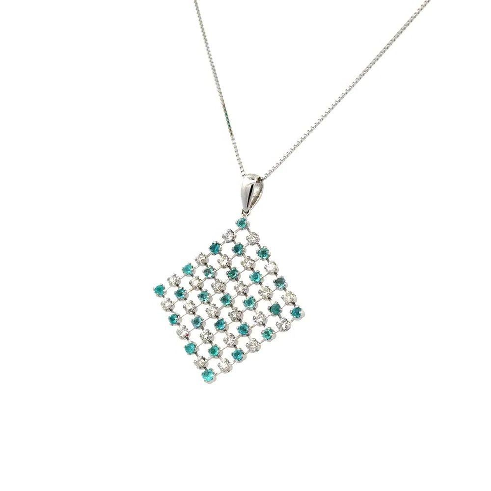 Round Cut Paraiba Tourmaline and RBC Diamond Gold Lacy Vintage Pendant Necklace For Sale