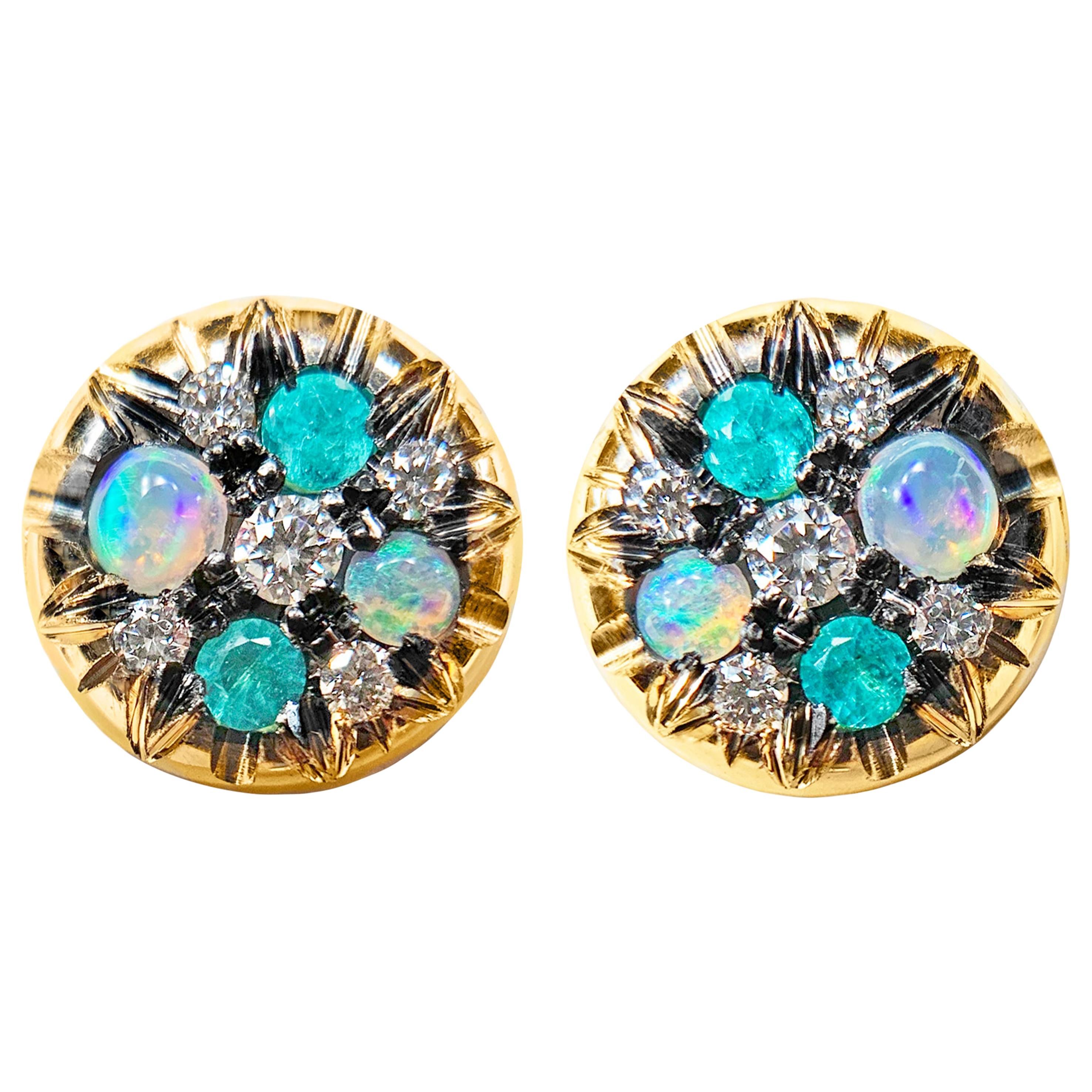 Paraiba Tourmaline Australian Opal White Diamond Stud Earrings