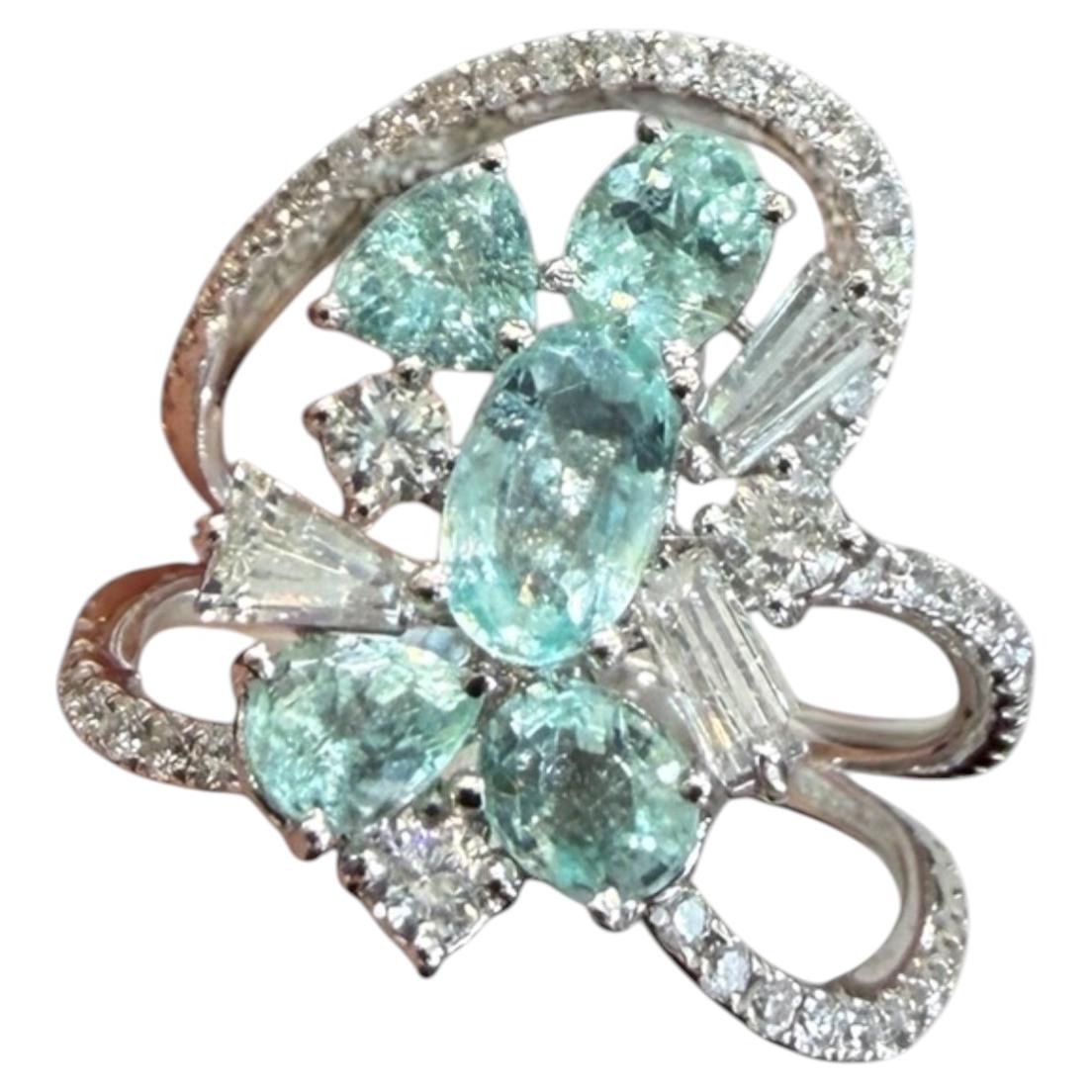 Anillo con racimo de diamantes y turmalina de Paraíba, oro blanco de 18 quilates, anillo de cóctel
