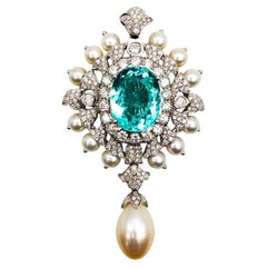 Paraiba Tourmaline, Diamond, Pearl and White Gold Brooch-cum-Pendant, Circa 1990