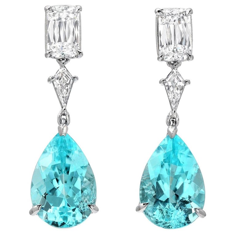 Birnenförmige Tropfen Ohrringe aus Platin mit Paraiba Turmalin und Diamanten, GIA zertifiziert 1