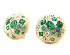 Paraiba Tourmaline, Emerald and Diamond Stud Earrings in 18k Yellow Gold