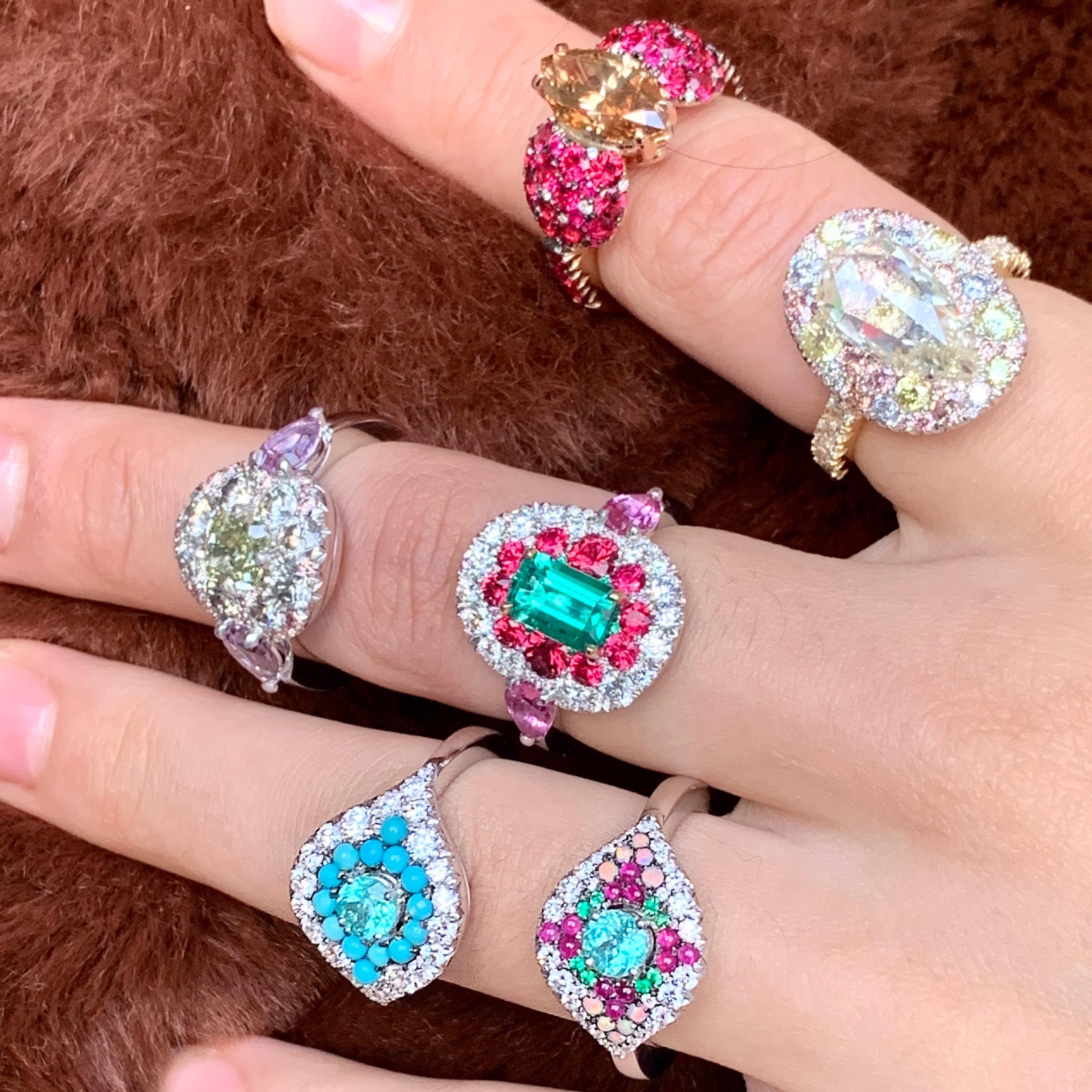 Paraiba Tourmaline, Emerald, Pink Sapphire, Australian Opal, White Diamond Ring 1