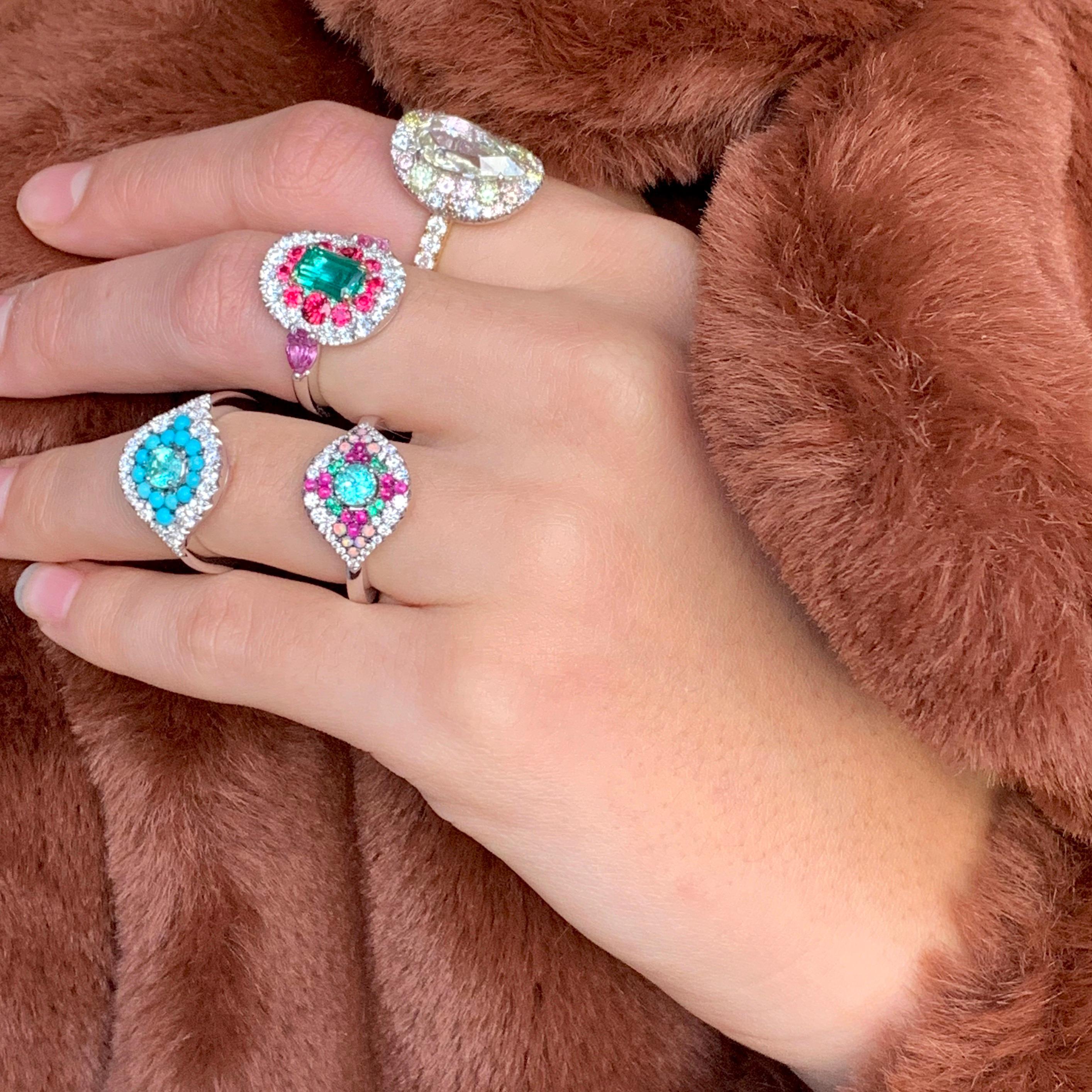Paraiba Tourmaline, Emerald, Pink Sapphire, Australian Opal, White Diamond Ring 2