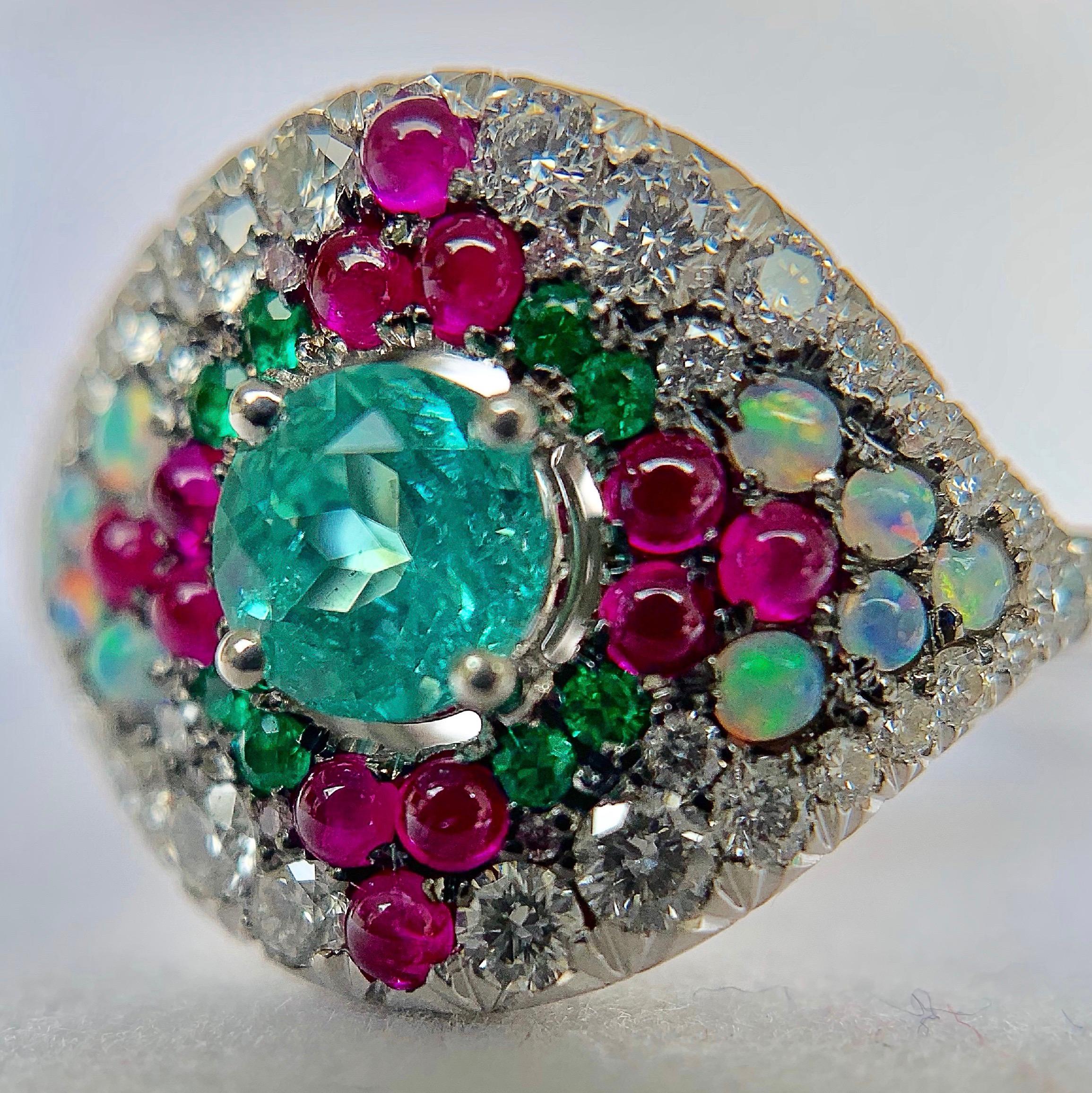 Paraiba Tourmaline, Emerald, Pink Sapphire, Australian Opal, White Diamond Ring 3